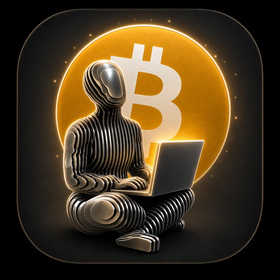 Sat, the ₿launcher mascot: a ridged metallic figure sitting cross-legged with a laptop, in front of a glowing orange Bitcoin symbol.