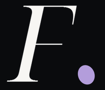 The Fewest monogram: a serif italic F and a lavender dot.