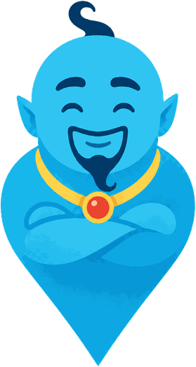 The GPS Genius mascot: a smiling blue genie whose crossed-arm silhouette forms a map pin.