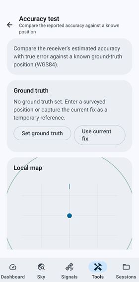 Accuracy test tool with ground-truth entry and an offline local map.