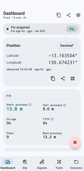 Dashboard: fix acquired, coordinates, horizontal accuracy 13.8 metres, TTFF 6 seconds.