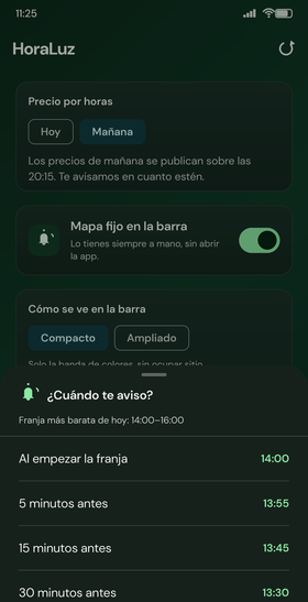 Hoja de avisos: al empezar la franja, o 5, 15 o 30 minutos antes, o a otra hora.