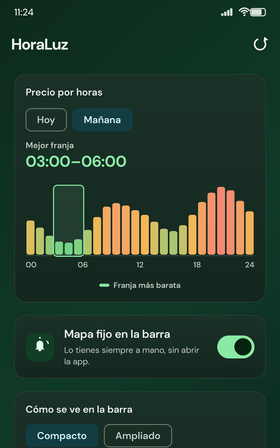 Pestaña Mañana seleccionada: mejor franja 03:00–06:00 sobre el gráfico del día siguiente.